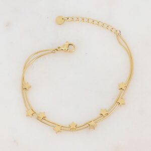 Bracelet acier doré double rangs, pampilles étoiles 5 mm