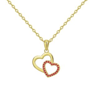 Collier plaqué or et zirconiums roses, duo de Coeurs 15 x 15 mm