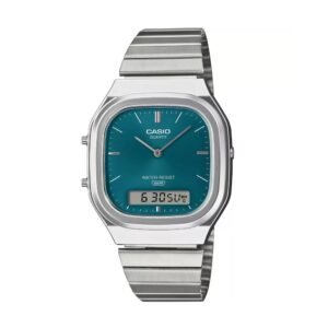 Montre mixte argentée fond vert, 35 mm, Casio