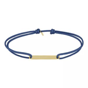 Bracelet gourmette plaque or jaune, cordon bleu