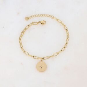 Bracelet acier doré, mailles ovales, pampille motif étoile et strass