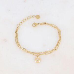 Bracelet acier doré, double rang, pampille et strass