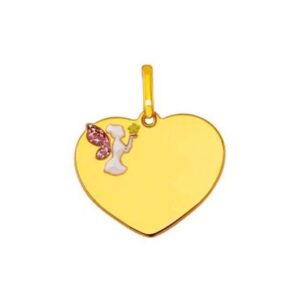 Pendentif enfant, or jaune et zirconiums roses, Coeur et fée