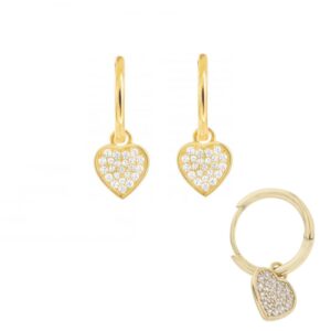Créoles Ø 10 mm, Pampille Coeur, Or jaune et Zirconiums