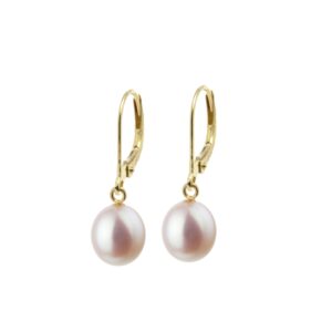 Boucles d'oreilles dormeuses, or jaune, perles de culture 8 mm