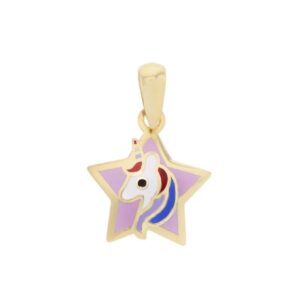 Pendentif 15 mm, Etoile motif Licorne, or jaune et émail colorée