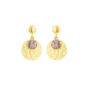 Boucles d'oreilles pendantes or jaune 15 mm, disques martelés et gris pailletés