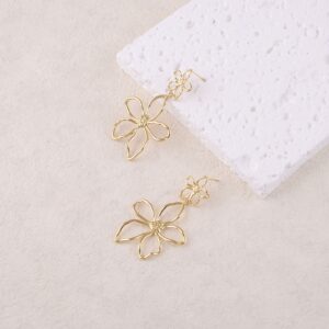 Boucles d'oreilles pendantes acier doré, Fleurs 50 x 30 mm