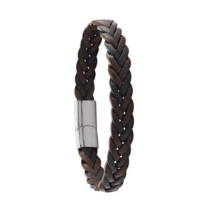 Bracelet homme "Natho", acier et cuir tressé marron / noir