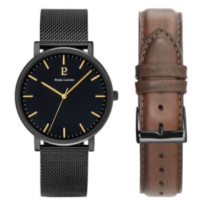 Coffret montre acier Ø 40.5 mm, bracelet acier noir + cuir marron, Pierre Lannier