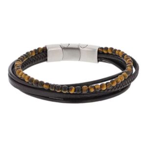 Bracelet homme, Cuir marron et Oeil de Tigre, Harvey Stone