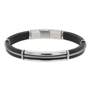 Bracelet homme, cuir noir et acier