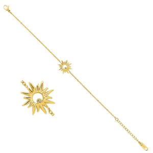 Bracelet acier doré, motif Soleil Ø 15 mm et zirconium