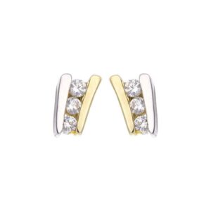 Boucles d'oreilles 7 x 3 mm, or jaune et blanc, trilogie de zirconiums