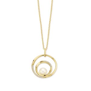 Collier argent doré, zirconiums et perle, pendentif Ø 21 mm, Naiomy