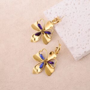 Boucles d'oreilles acier doré et verre bleu/violet, Fleurs, Ikita