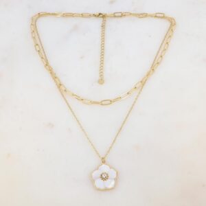 Collier 2 rangs, acier doré, pendentif fleur Ø 20 mm en nacre, strass