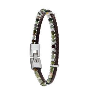 Bracelet homme "Nil", acier, cuir tressé marron, Agate Ø 3 mm