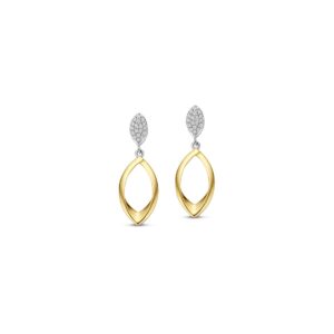 Boucles d'oreilles pendantes bicolore, argent doré et zirconiums, Naiomy