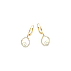 Boucles d'oreilles pendantes perles blanches, argent doré et zirconiums, Naiomy