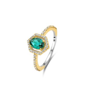 Bague Argent doré, losange empierrée et Zirconiums verts, Naiomy