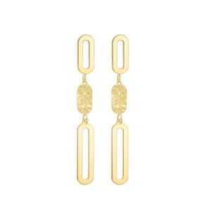 Boucles d'oreilles or jaune 30 x 3 mm, mailles ovales martelées et ajourées