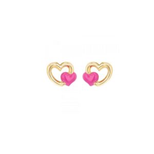 Boucles d'oreilles enfant, Coeurs 8 mm, Or jaune et émail rose