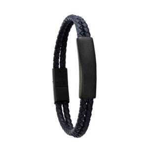 Bracelet "Côme", double cuir bleu et plaque acier PVD noir, Jourdan