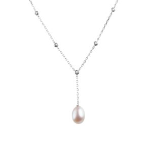 Collier argent cravatte 33 mm, perle de culture 8.5/9 mm, zirconiums