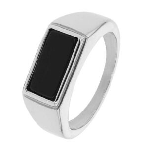 Chevalière acier et pierre noire 14 x 7 mm, Harvey Stone