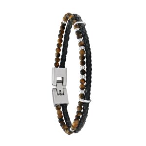 Bracelet homme "Nil", acier, cuir marron tressé et Oeil de Tigre Ø 3 mm