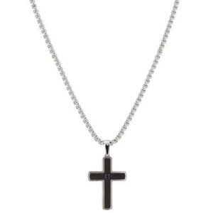 Collier homme acier, pendentif croix 30 x 22 mm, PVD noir et zirconium noir, Harvey Stone