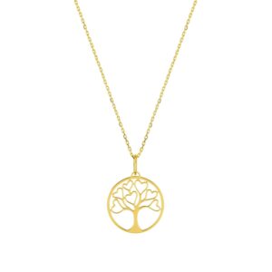 Collier or jaune, pendentif Ø 15 mm, Arbre de Vie, feuilles en Coeurs
