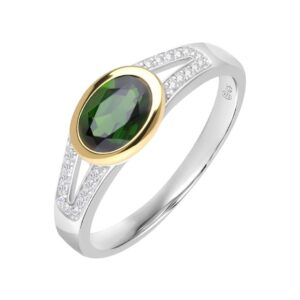 Bague argent et vermeil, dioside verte 7 x 5 mm et topazes blanches