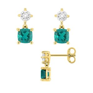 Boucles d'oreilles or jaune, émeraudes synthétiques 4 x 4 mm et diamants synthétiques 0.20 carat