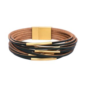 Bracelet multiliens, cuir laqué vert anglais, acier doré