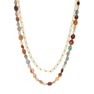 Collier double rangs, acier doré, Agates de couleur, N°3