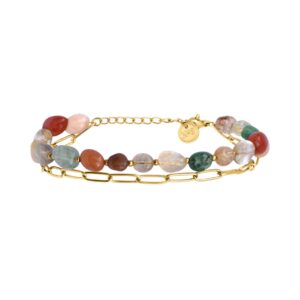 Bracelet double rangs, acier doré et agates de couleur, N°3