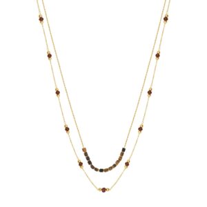 Collier acier doré fin, double rangs, Oeil de tigre en cubes et perles, N°3