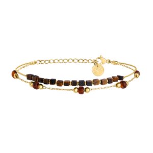 Bracelet acier doré double rangs, oeil de tigre, N°3
