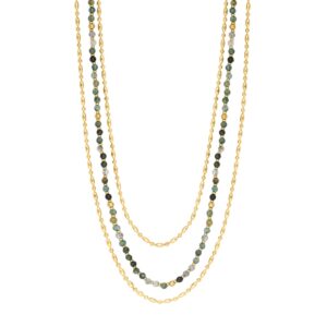 Collier multiliens, acier doré, pierres vertes, N°3