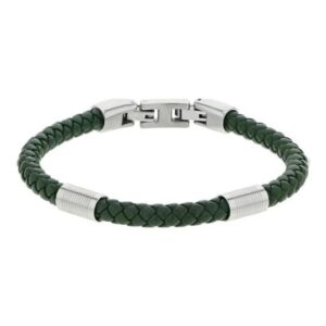 Bracelet cuir vert tressé et acier, Harvey Stone