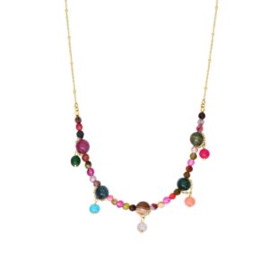 Collier acier doré et perles de couleur