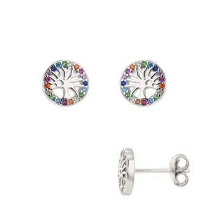 Boucles d'oreilles Arbre de Vie Ø 8 mm, Argent et zirconiums de couleur