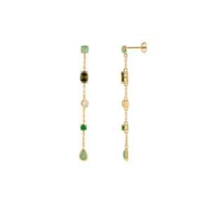 Boucles d'oreilles pendantes 55 x 4 mm, plaqué or, zirconiums et aventurine, Anamila